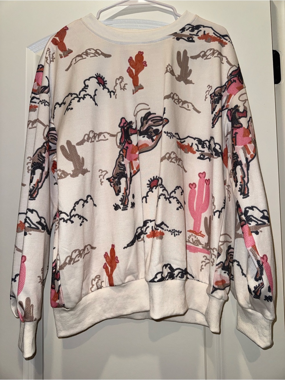 Western Cream Desert Print Sweatshirt with Pink & Tan Cacti